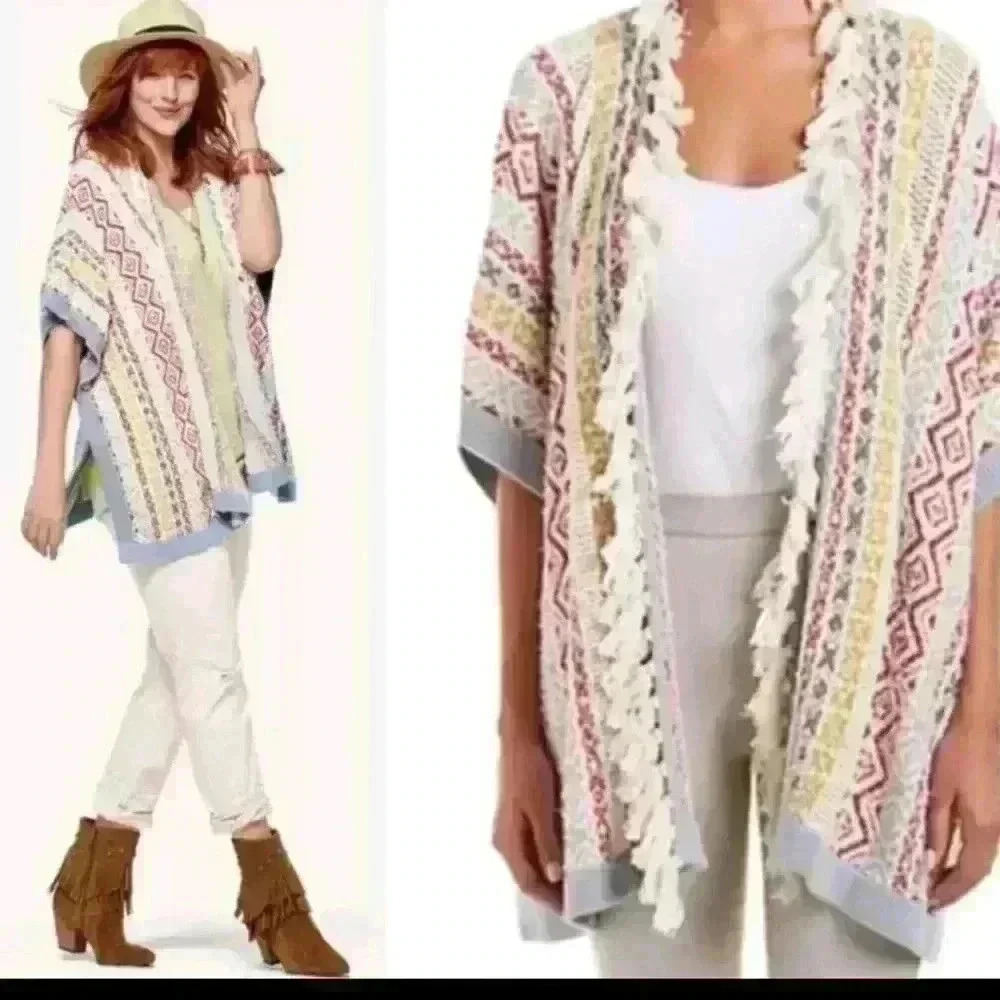 Cabi Womens Siesta Boho Multicolor Stripe Textured Fringe Poncho M/L